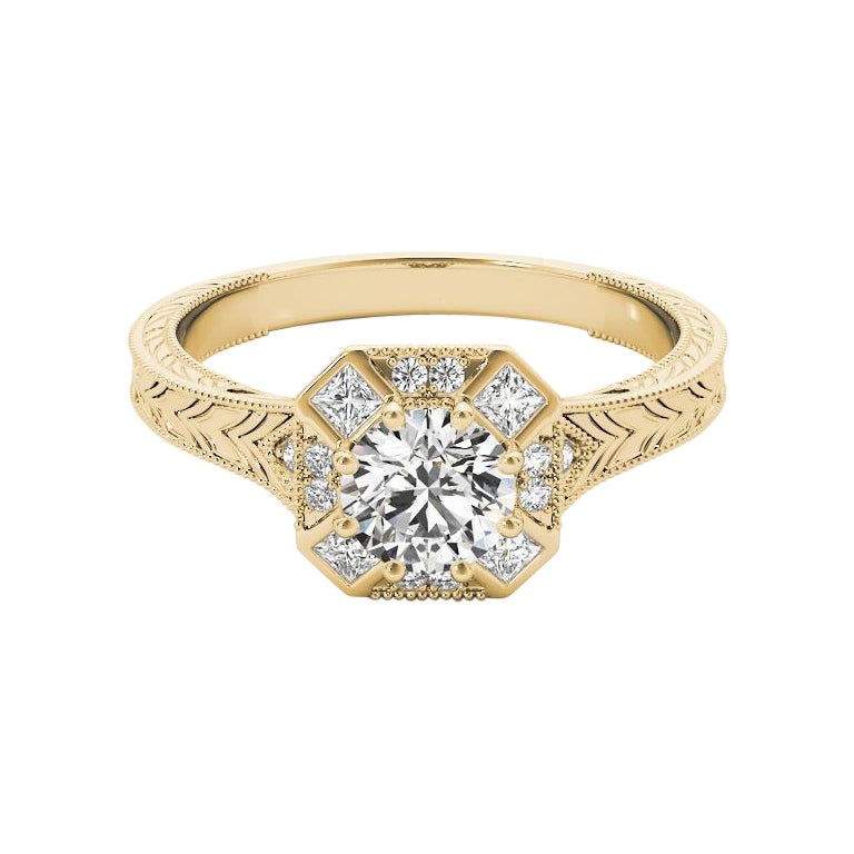 GIA 1,52 carati di diamante rotondo Art Deco con castone geometrico inciso in oro giallo
