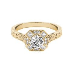GIA 1.52ct Round Art Deco Geometric Bezel Engraved Yellow Gold Diamond Ring