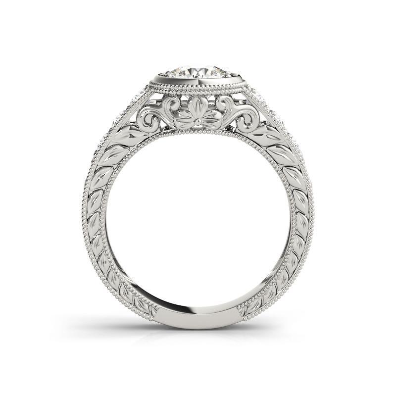 Taglio rotondo GIA 1,52ct Lunetta rotonda ornata Filigrana antica Anello con diamanti in oro bianco 18K in vendita