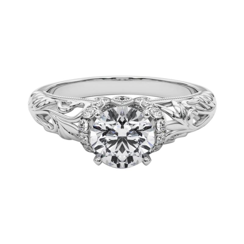 GIA 1,52ct Anello con diamante rotondo Chevron Halo Floral Filigree in oro bianco 18 carati