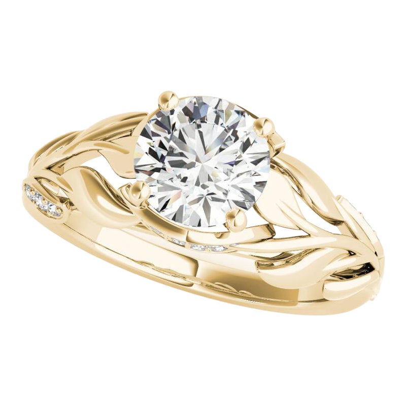 GIA 1,52 carati di diamante rotondo Pave Paisley Leaf & Vine Shank in oro giallo 18K in vendita