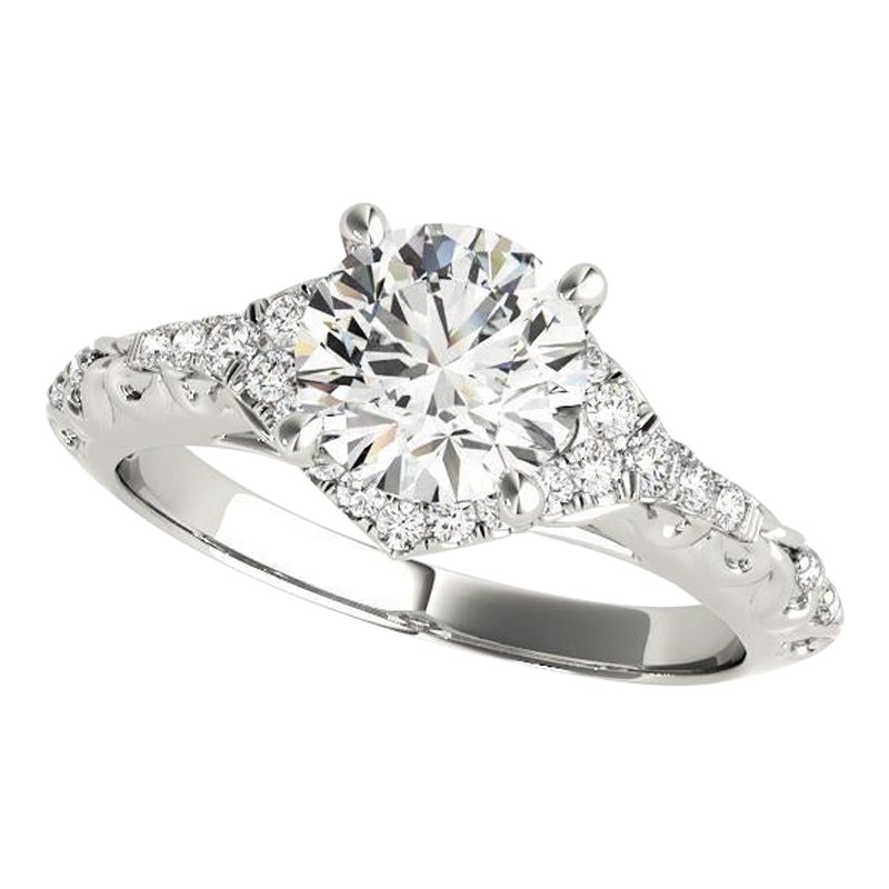 GIA 1,52ct Anello con diamante solitario rotondo aureolato e nastro inciso in oro bianco