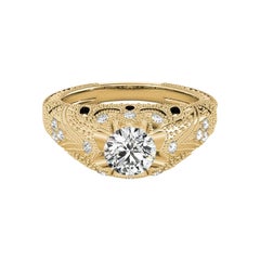 GIA 1.52ct Round Solitaire Ornate Engraved Dome 18K Yellow Gold Diamond Ring