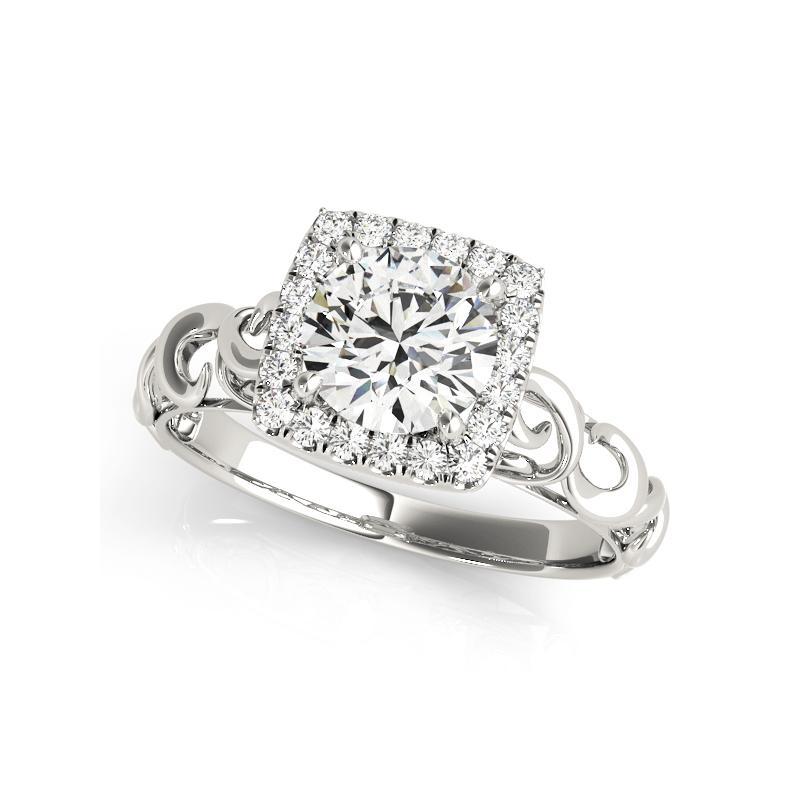 Taglio rotondo GIA 1,52ct Anello con diamante rotondo quadrato a forma di aureola aperta in oro bianco Cathedral in vendita