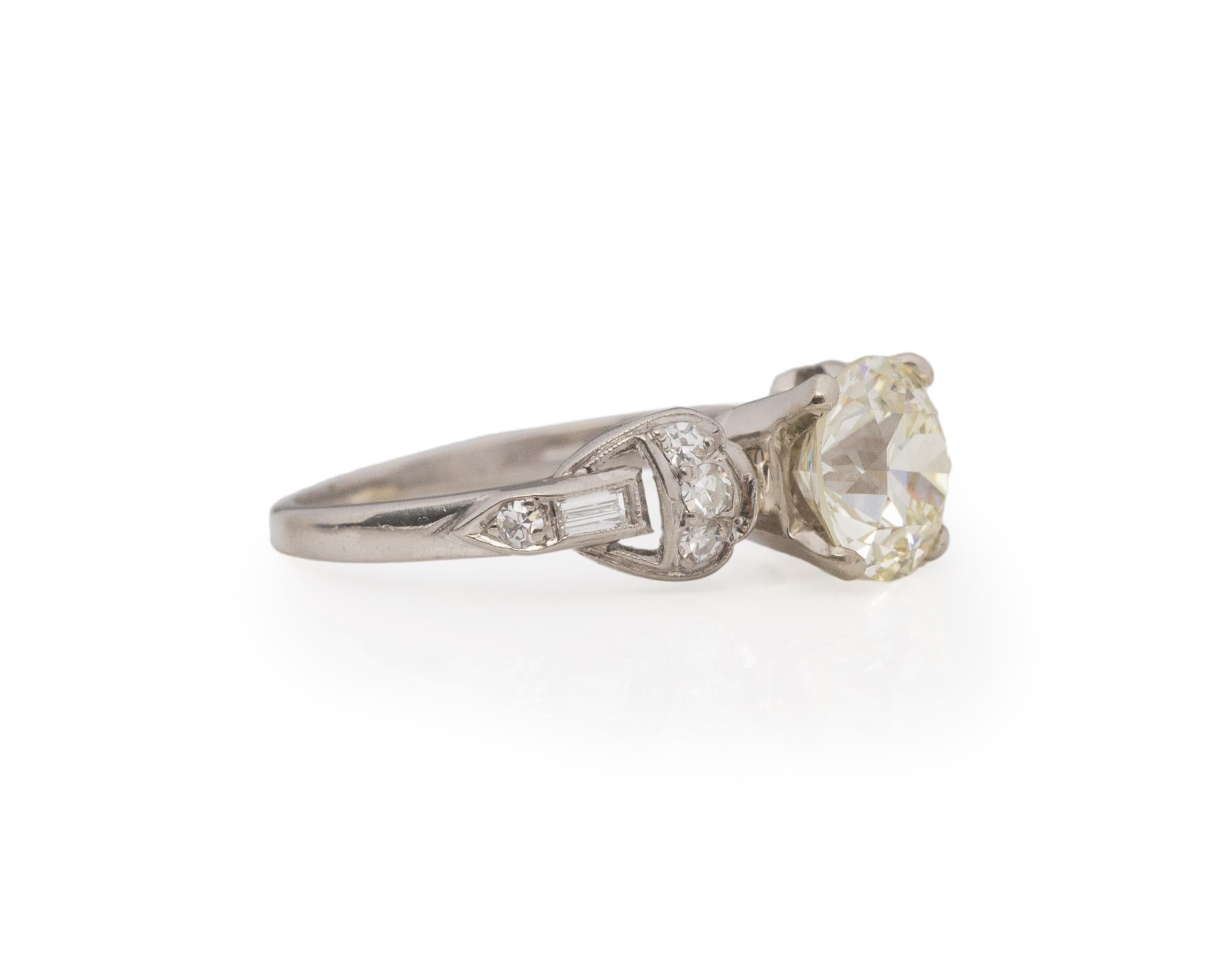 Ring Size: 5
Metal Type: Platinum [Hallmarked, and Tested]
Weight: 3.25 grams

Center Diamond Details:
GIA REPORT #:2225622858
Weight: 1.53ct
Cut: Old European brilliant
Color: OP
Clarity: VVS2
Measurements: 7.25mm x 7.22mm x 4.65mm

Finger to Top