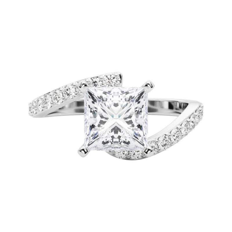 GIA 1,53 Carati Anello con Diamante Principessa Curvo Bypass Pave Shank in Oro Bianco 18K