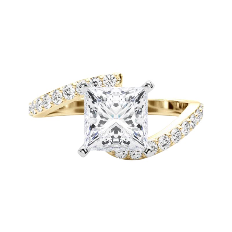 GIA 1.53 Carat Princess Curved Bypass Pave Shank 18K Yellow Gold Diamond Ring