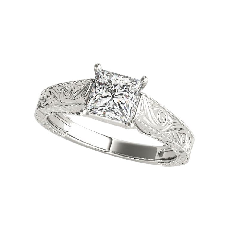 GIA 1,53 Carati Principessa Vintage con incisione a traliccio in oro bianco 18 carati