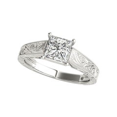 GIA 1,53 Carati Principessa Vintage con incisione a traliccio in oro bianco 18 carati