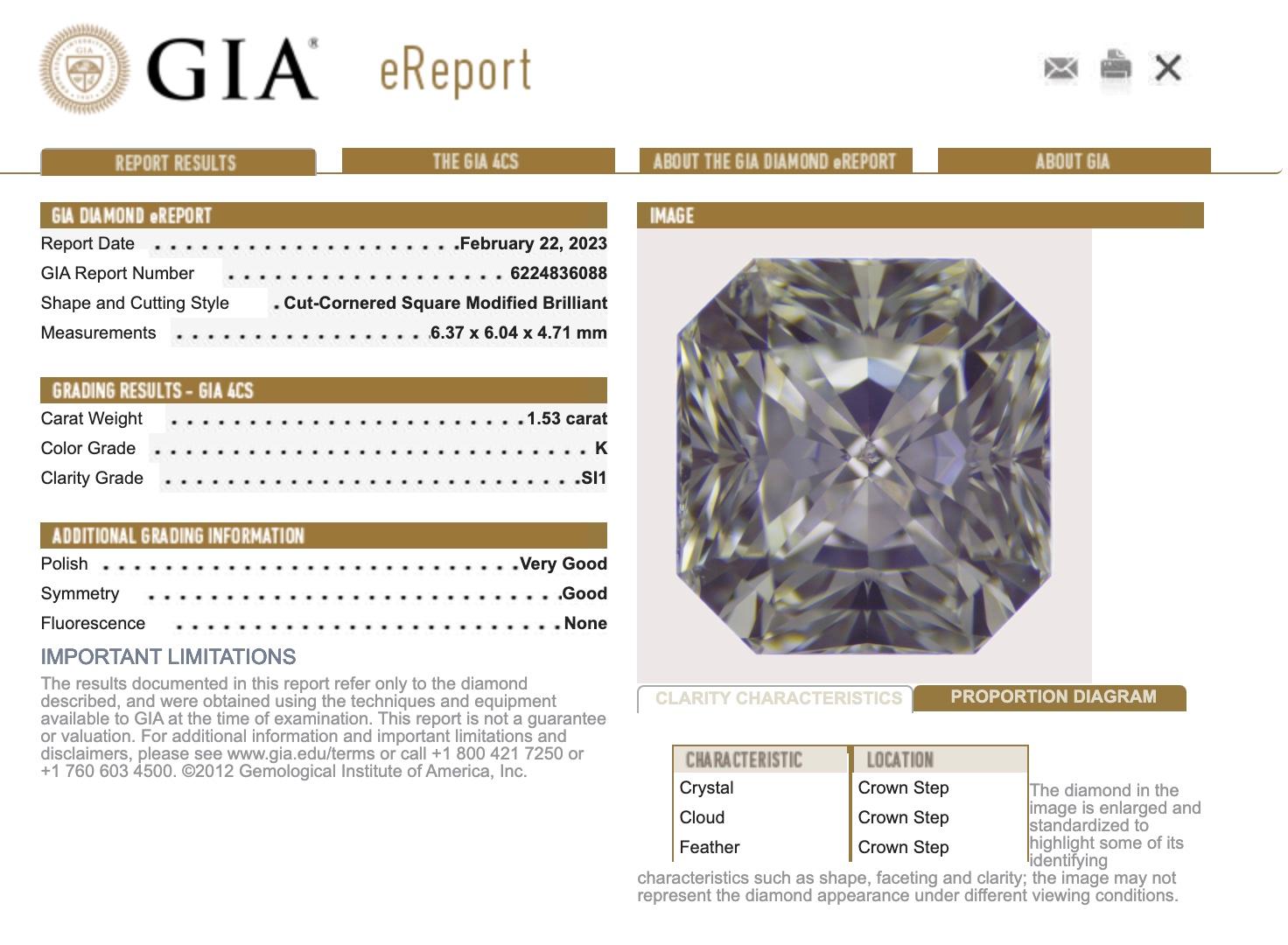 GIA 1.53cT Radiant Cut Halo Ring, K, SI1 For Sale 3