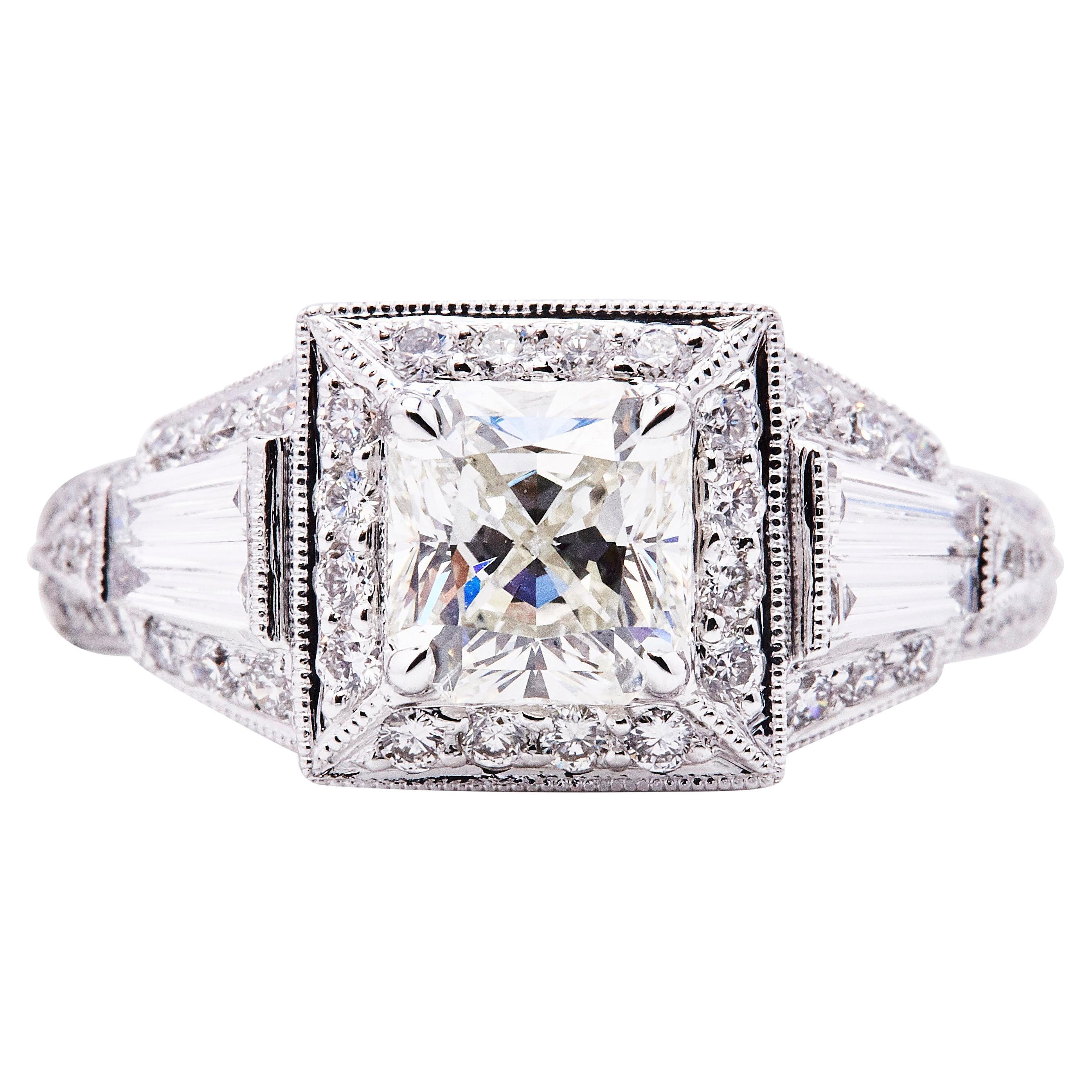 GIA 1.53cT Radiant Cut Halo Ring, K, SI1 For Sale