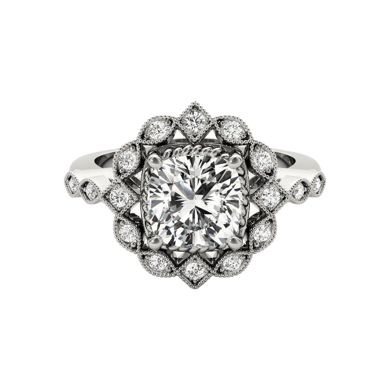 GIA 1,53ct Cuscino Milgrain Anello con diamante aureolato in oro bianco con fiore ritorto in vendita