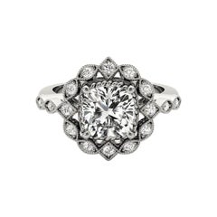 GIA 1.53ct Cushion Milgrain Twisted Rope Flower Halo White Gold Diamond Ring