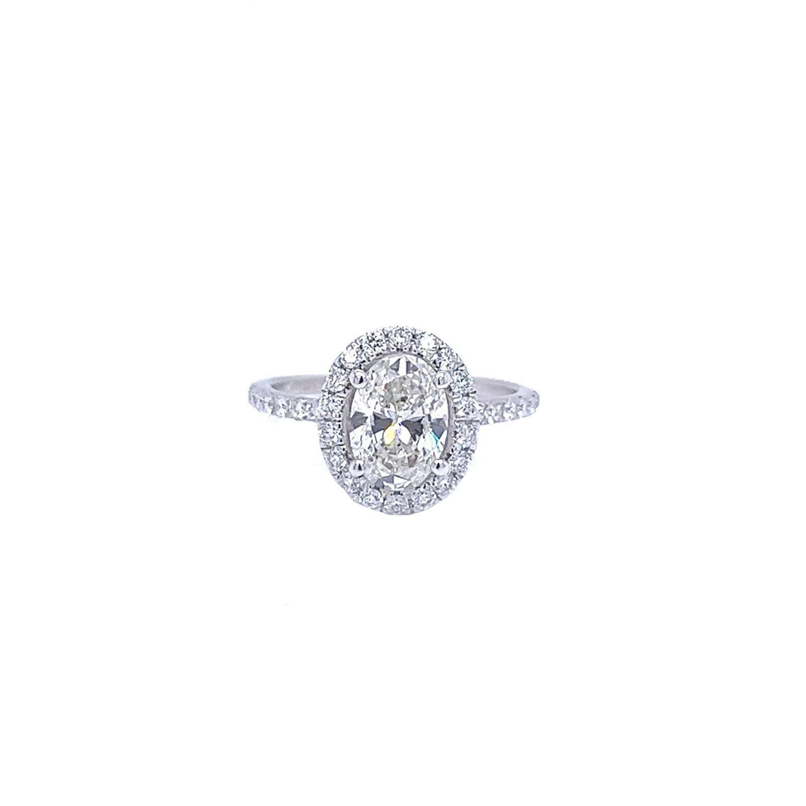 Modernist GIA 1.53ct Natural Oval Diamond Ring with 0.45ct Round Diamonds 18K White Gold For Sale