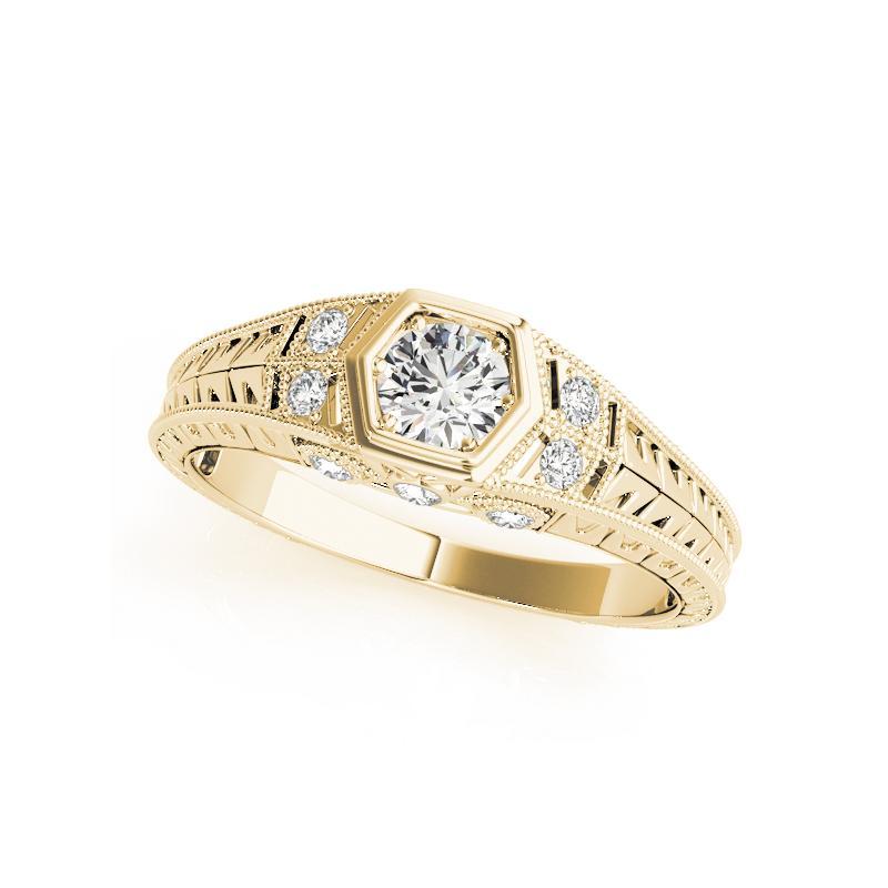Taille ronde GIA 1.53ct Round Bezel Filigree Flower Engraved 18K Yellow Gold Diamond Ring (Bague diamant en or jaune 18K) en vente