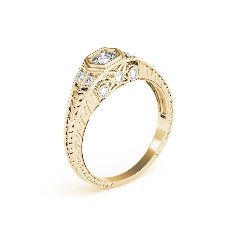 GIA 1.53ct Round Bezel Filigree Flower Engraved 18K Yellow Gold Diamond Ring (Bague diamant en or jaune 18K) Pour femmes en vente