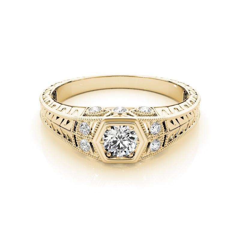 GIA 1.53ct Round Bezel Filigree Flower Engraved 18K Yellow Gold Diamond Ring