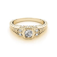 GIA 1.53ct Round Bezel Filigree Flower Engraved 18K Yellow Gold Diamond Ring