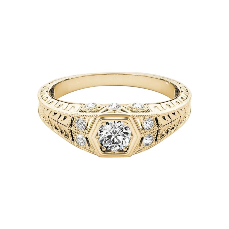 GIA 1,53ct Runde Lünette Filigrane Blume graviert 18K Gelbgold Diamantring