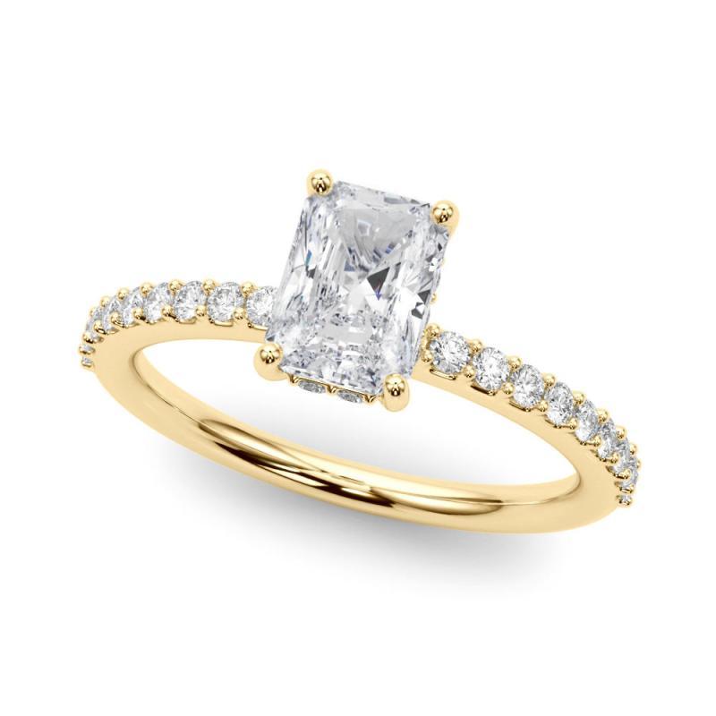 Taglio radiant GIA 1,54 Carati Radiant Halo Shared Prong Eternity Anello con diamanti in oro giallo 18K in vendita