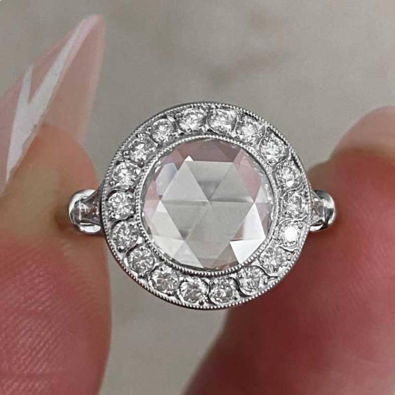 GIA 1.54ct Rose Cut Diamond Engagement Ring, VS1 Clarity, Diamond Halo, Platinum For Sale 5