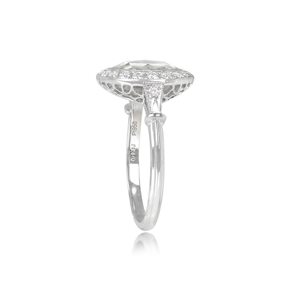 Art Deco GIA 1.54ct Rose Cut Diamond Engagement Ring, VS1 Clarity, Diamond Halo, Platinum For Sale