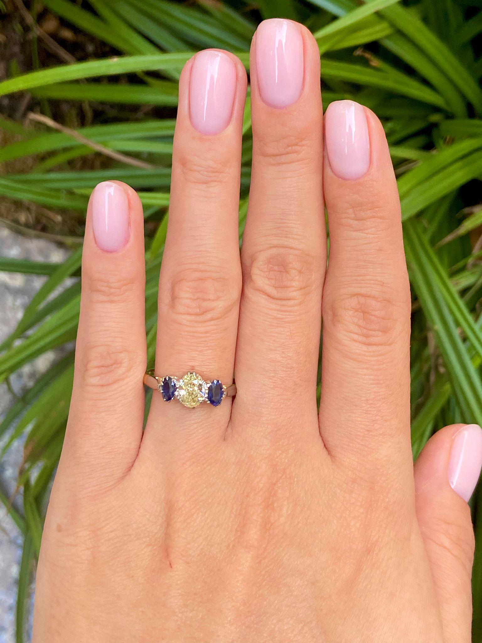 GIA 1.54ct Yellow OVAL Diamond Sapphire 3-Stone Plat 18k Engagement Wedding Ring 2