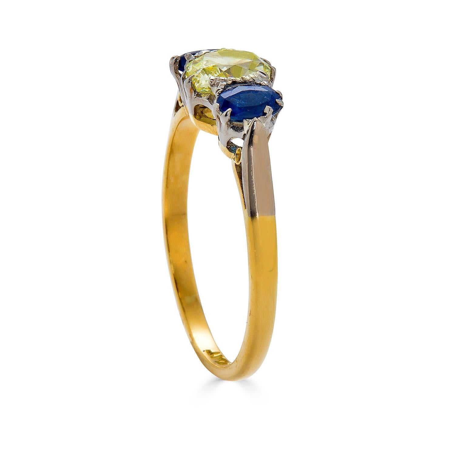 Art Deco GIA 1.54ct Yellow OVAL Diamond Sapphire 3-Stone Plat 18k Engagement Wedding Ring