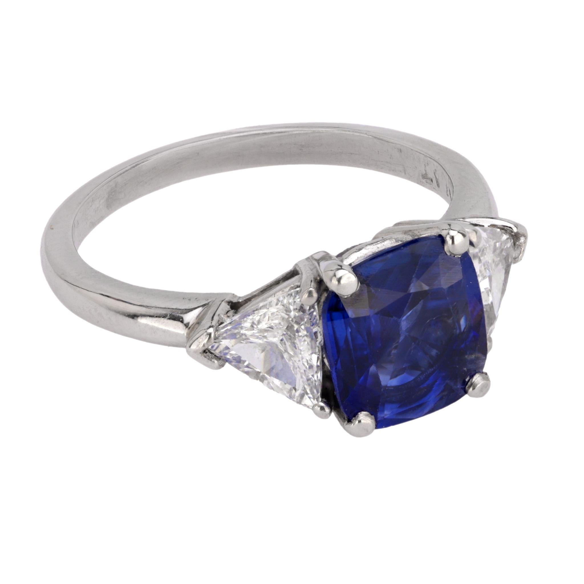 Cushion Cut GIA 1.55 carat cushion cut sapphire diamond platinum three stone ring For Sale