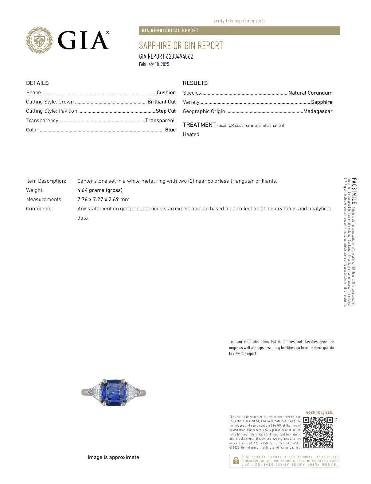 Women's or Men's GIA 1.55 carat cushion cut sapphire diamond platinum three stone ring For Sale