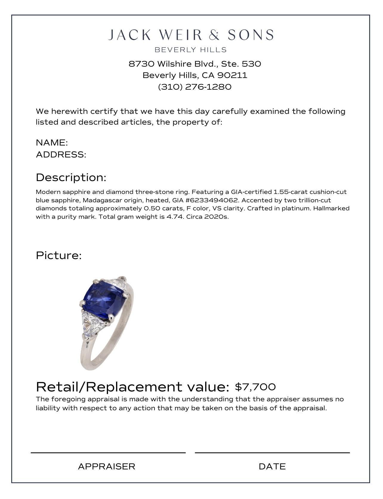 Women's or Men's GIA 1.55 carat cushion cut sapphire diamond platinum three stone ring For Sale