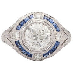 GIA 1.55 Carat F/SI1 Old European Cut Diamond and Blue Sapphire Ring