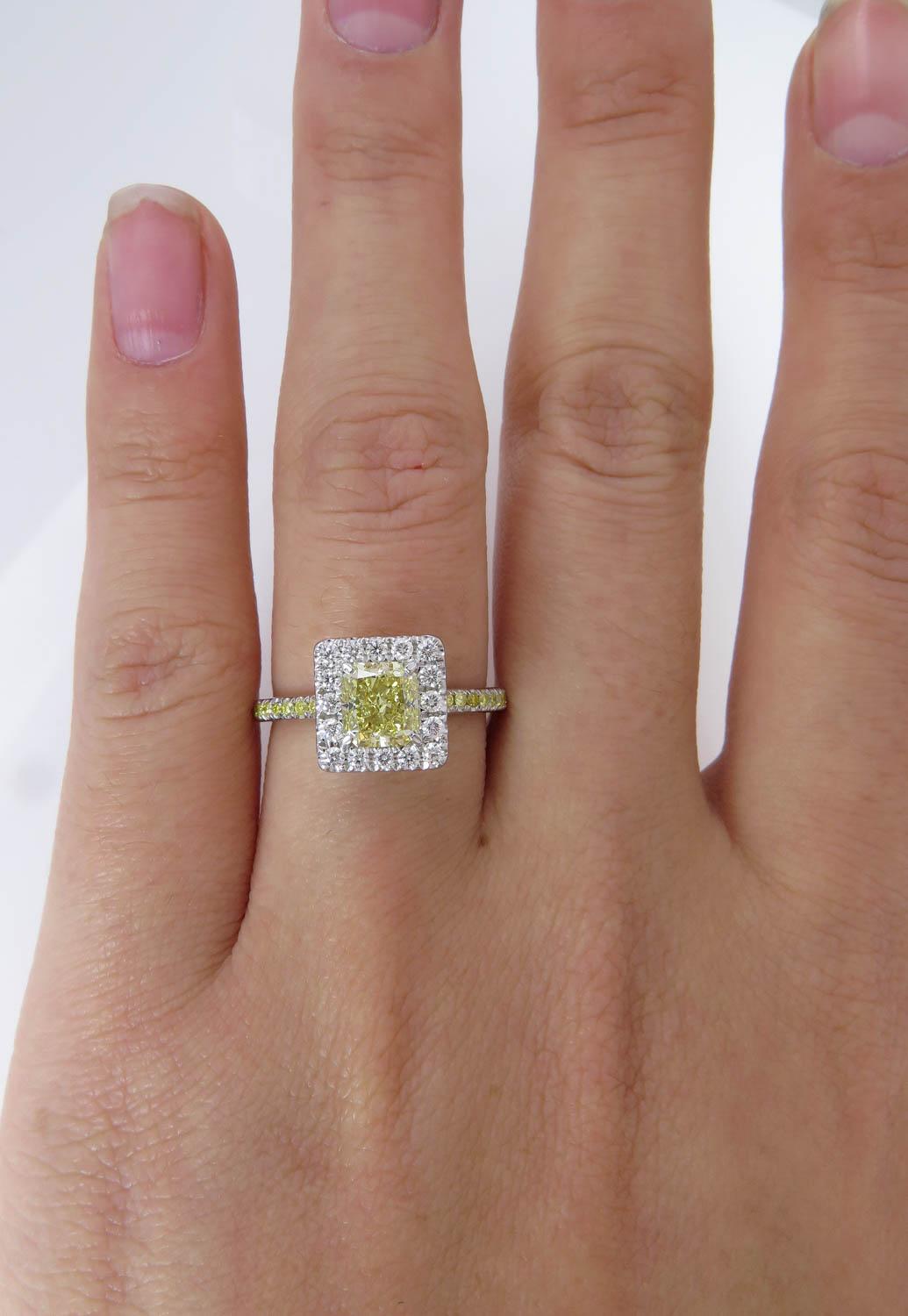 GIA 1.55 Carat Fancy Yellow Radiant Diamond Engagement Wedding Platinum Ring For Sale 2