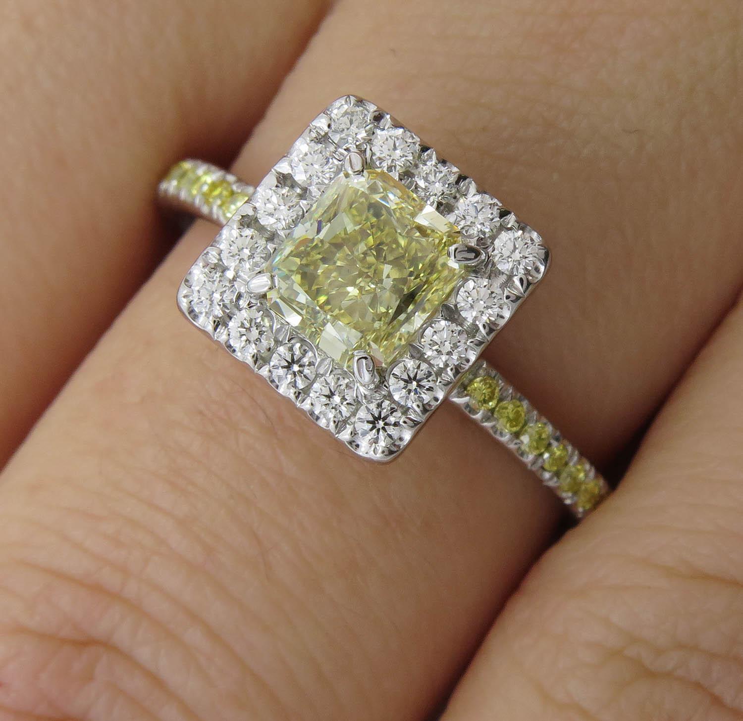 GIA 1.55 Carat Fancy Yellow Radiant Diamond Engagement Wedding Platinum Ring For Sale 3