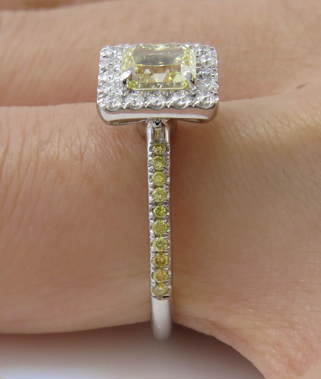 GIA 1.55 Carat Fancy Yellow Radiant Diamond Engagement Wedding Platinum Ring For Sale 4