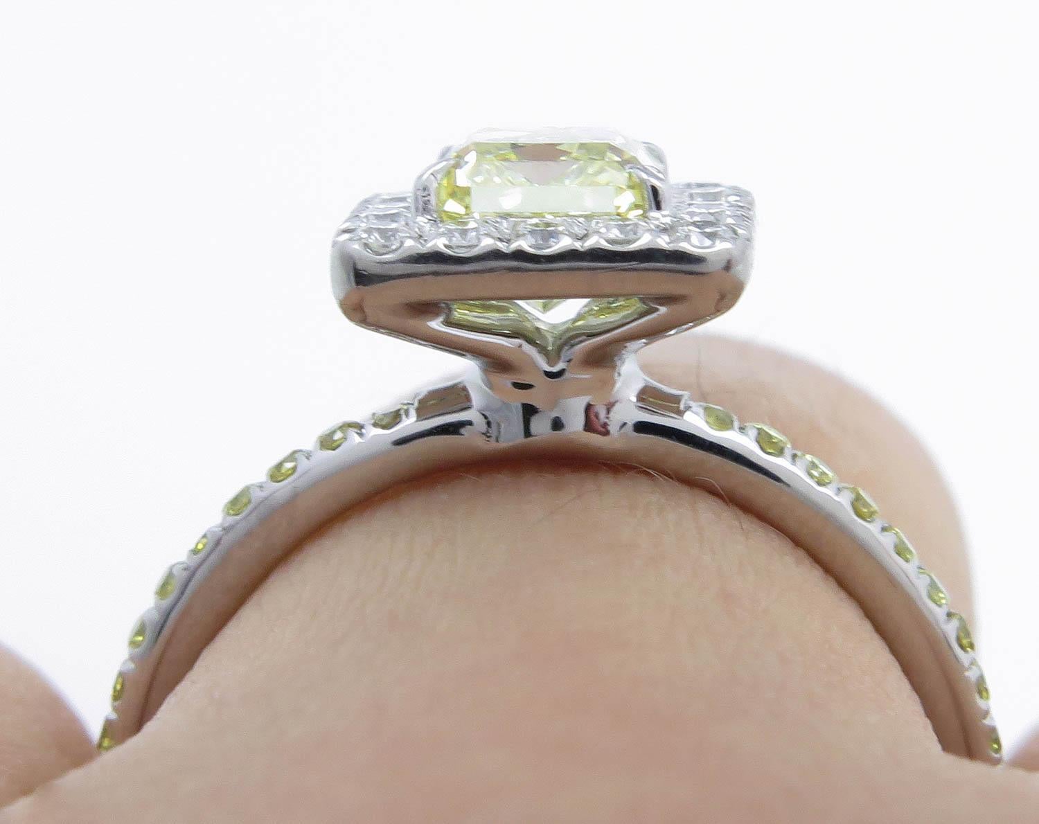 GIA 1.55 Carat Fancy Yellow Radiant Diamond Engagement Wedding Platinum Ring For Sale 5