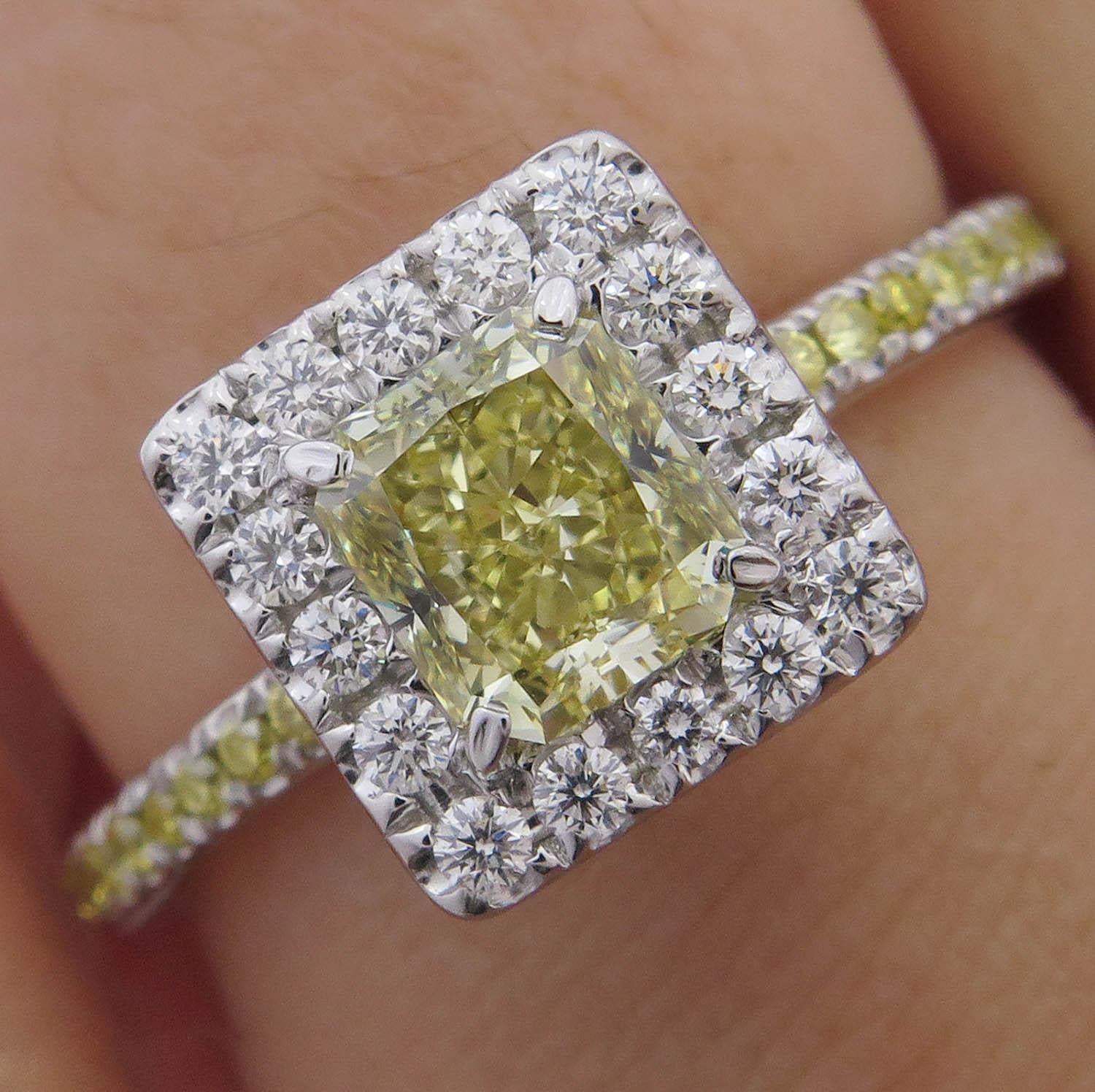 Very Elegant and Beautiful Estate Vintage Diamond Ring with 1.05ct Radiant Center Diamond GIA Certified as FANCY YELLOW Color, VS2 clarity (very clear).
Beautiful Color, Even color distribution, super Brilliant, a very Fine Rich NATURAL Diamond with