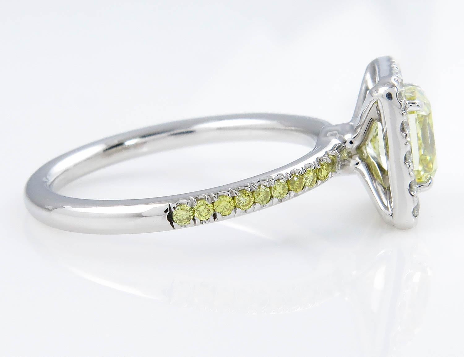 Radiant Cut GIA 1.55 Carat Fancy Yellow Radiant Diamond Engagement Wedding Platinum Ring For Sale