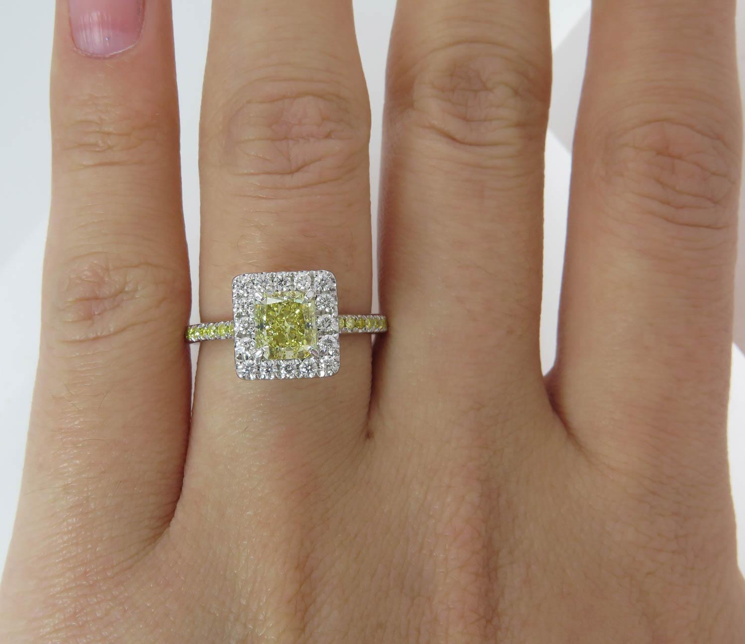 GIA 1.55 Carat Fancy Yellow Radiant Diamond Engagement Wedding Platinum Ring For Sale 1