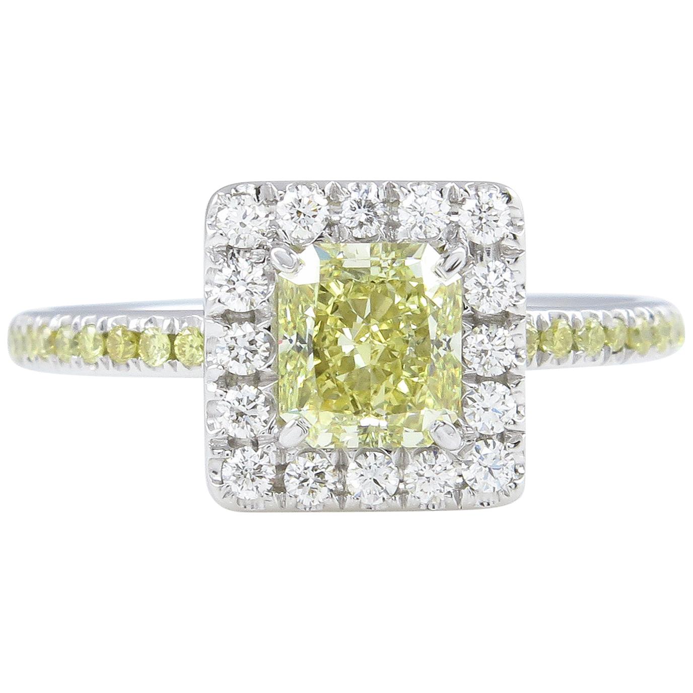 GIA 1.55 Carat Fancy Yellow Radiant Diamond Engagement Wedding Platinum Ring