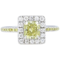 Bague de fiançailles de fiançailles en platine avec diamant jaune radiant fantaisie de 1,55 carat certifié GIA