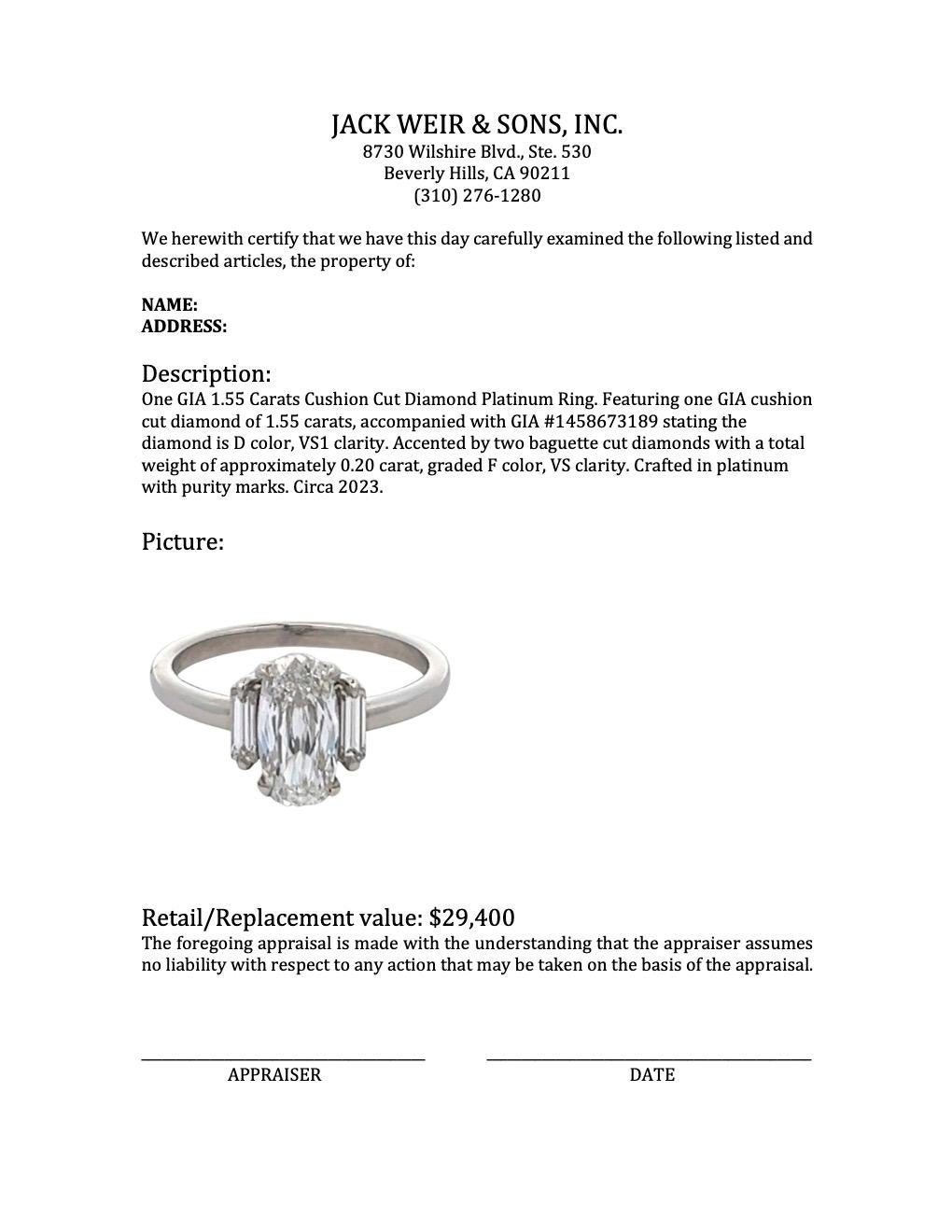 GIA 1.55 Carats Cushion Cut Diamond Platinum Ring 3