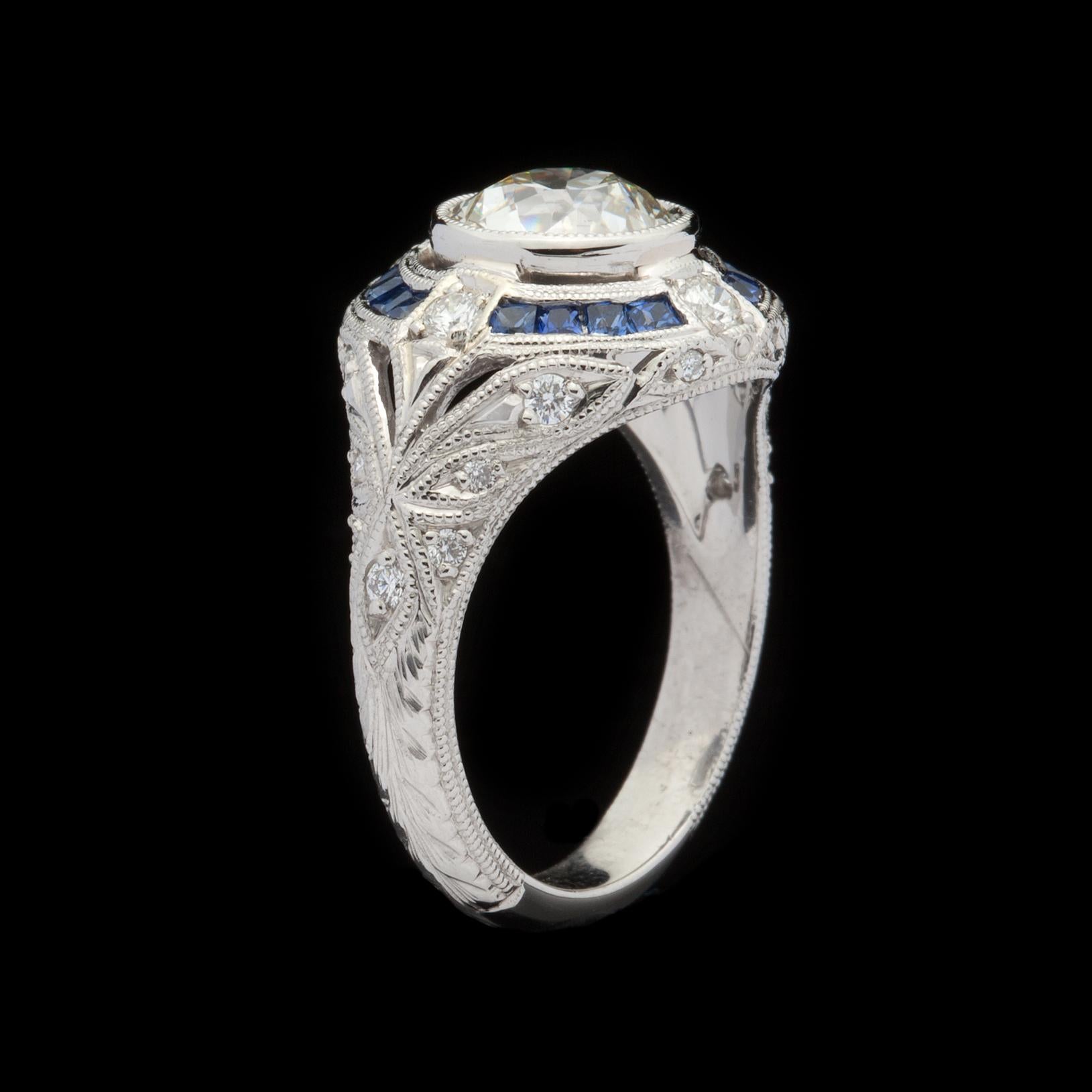 GIA 1.55 Carat F/SI1 Old European Cut Diamond and Blue Sapphire Ring In Excellent Condition In San Francisco, CA