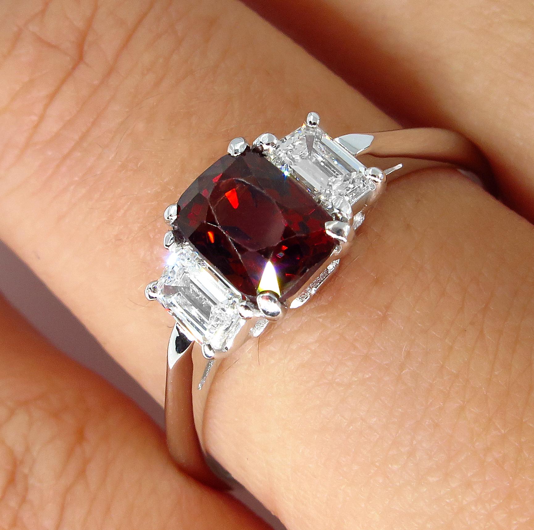Cushion Cut GIA 1.55ct Natural No-Heat Orangy Red Spinel and Diamond 3-Stone Vintage Ring For Sale