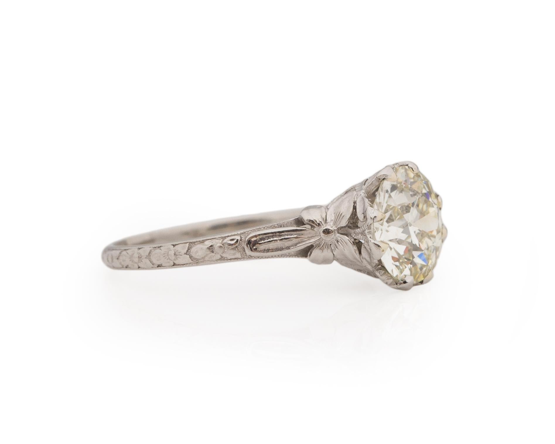 Ring Size: 6.25
Metal Type: Platinum [Hallmarked, and Tested]
Weight: 3.0 grams

Diamond Details:
GIA REPORT #: 6224451179
Weight: 1.56ct
Cut: Old European brilliant
Color: N
Clarity: VS2
Measurements: 7.72mm x 7.63mm x 4.47mm

Finger to Top of