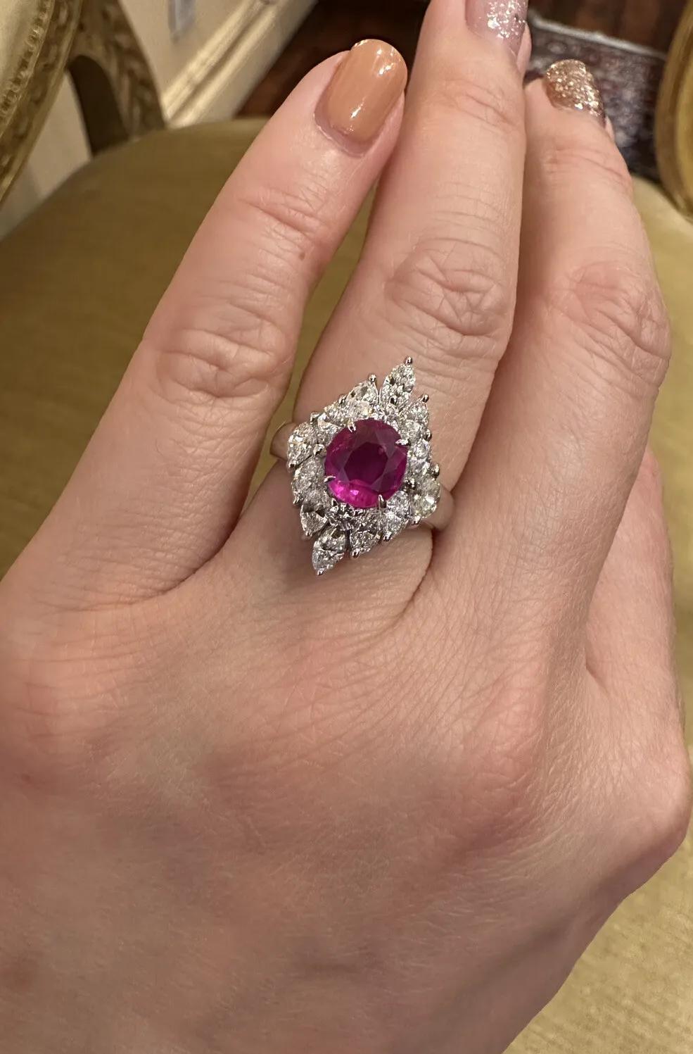 GIA 1.56 Carat Natural Unheated Ruby and Diamond Ring in Platinum For Sale 1