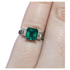 Vintage GIA 1.56 ct Colombian Emerald and Diamond 3-Stone Ring in Platinum