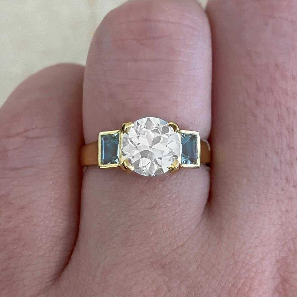 Art Deco Old Euro Cut Diamond and Aquamarine Ring (GIA Approx. 1.50-Carats), Yellow Gold For Sale