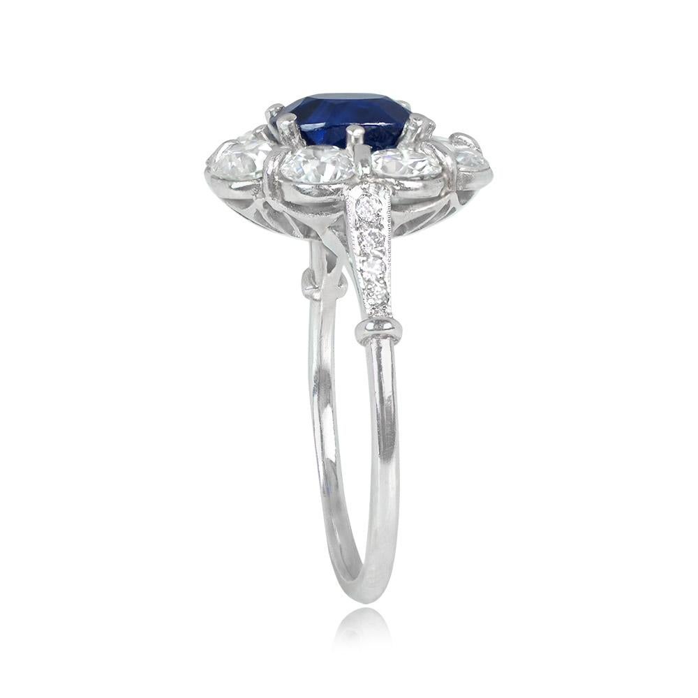 Art Deco GIA 1.56ct Oval Cut Natural Sapphire Cluster Ring, Diamond Halo, Platinum For Sale
