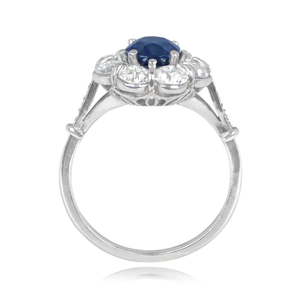 GIA 1.56ct Oval Cut Natural Sapphire Cluster Ring, Diamond Halo, Platinum In Excellent Condition For Sale In New York, NY